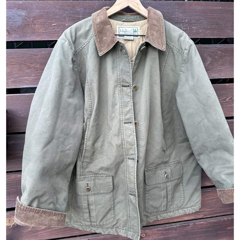 L.L. Bean Vintage Barn Coat Jacket Womens XL Petite Olive Green Corduroy Collar